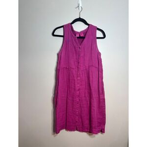 ARTISANANY Pink Linen Button Front Sleeveless Midi Dress Women's Size S